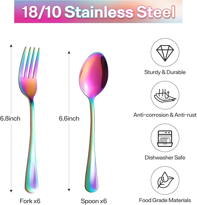 12 Pieces Spoons and Forks Set,Food Grade Stainless Steel Flatware Cutlery Set,6 Forks and 6 Spoons Silverware Set for Home,Kitchen,Restaurant-Mirror Polished & Dishwasher Safe(Rainbow)