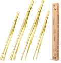 4 Pcs Fine Long Tweezer Tongs Professional Gold, 12'' and 10'' Stainless Steel for Kitchen, Food, Cooking, Repairing, Sea food and BBQ
