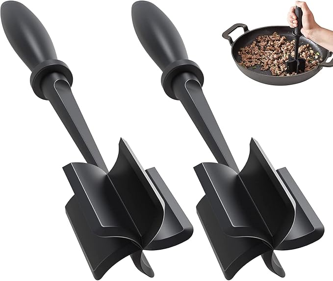 2Pack Meat Chopper Upgrade Hamburger Smasher, Masher for Ground Beef | Heat Resistant, Food-Grade Nylon, for Ground Turkey/Chicken and More, Non Stick Mix Grinder, Dishwasher Safe, Black
