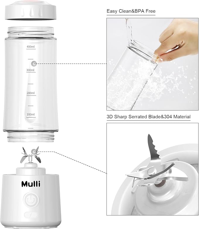 Mulli Portable Blender,USB Rechargeable Personal Mixer for Smoothie and Shakes, Mini Blender with Six Blades for Baby Food,Travel,Gym