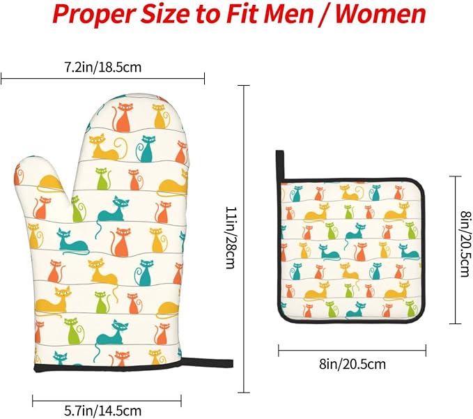 Mid Century Modern Cats Oven Mitts and Pot Holders Set Heat Resistant Cute Oven Gloves for BBQ Baking Grilling Cooks Kitchen Decor 3 Piece