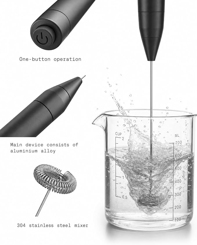 Handheld Milk Frother & Drink Mixer, 12000 RPM for Coffee, Matcha & Mixed Drinks, Black
