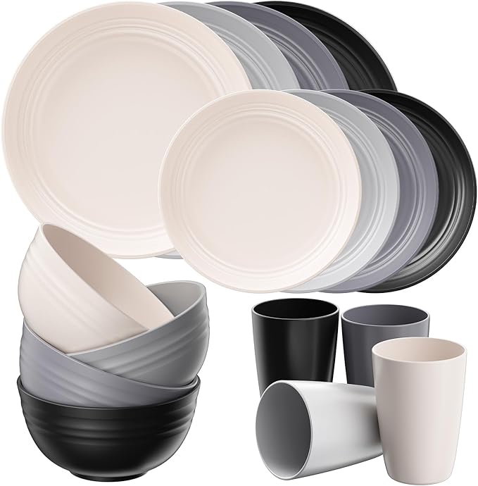 Quatish 16 Pcs Unbreakable Plates and Bowls, Plastic Dinnerware Sets for 4, Reusable Dish Set for Camping, Dishwasher Microwave Safe, Outdoor Kitchen and Apartment Dinning RV Essentials, Grey