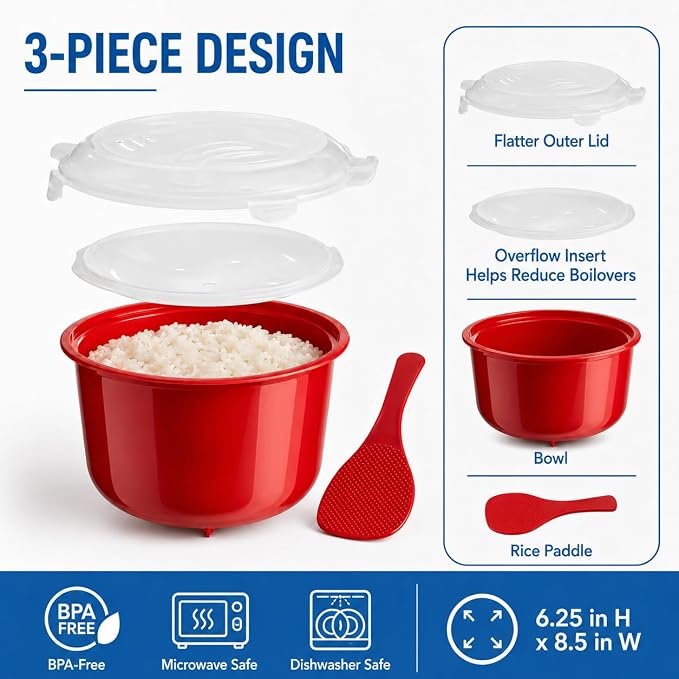 Microwave Rice Cooker with Steamer Lid and Spoon – BPA-Free 2.6L Rice Maker, Dishwasher Safe, for Basmati, Jasmine, Spanish, Indian Rice, Pasta, Ramen and Vegetables