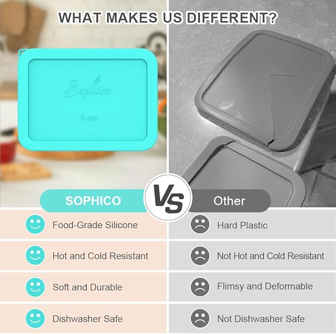SOPHICO 3 Cup Rectangle Silicone Replacement Lids for Pyrex 7210-PC Glass | Food Grade Silicone, Leakproof、Airtight Lids, Dishwasher Microwave Safe