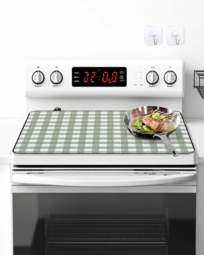 Stove Top Covers for Electric Stove 24x21 Inches, Sage Green Buffalo Plaid HeatResistant Glass Cooktop Protector, Country Green White Checker Modern Ceramic Stovetop Countertop Covers Mat, Oven Cover