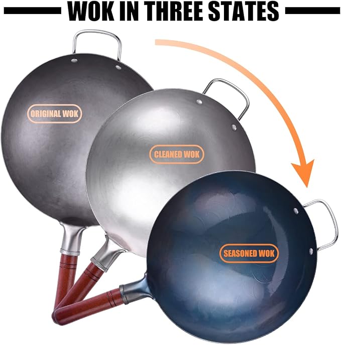 Teewe Carbon Steel Wok Traditional Hand Hammered - 13.4" Chinese Woks Round Bottom Wok Pan Set with 8 Pcs Cookware Accessories