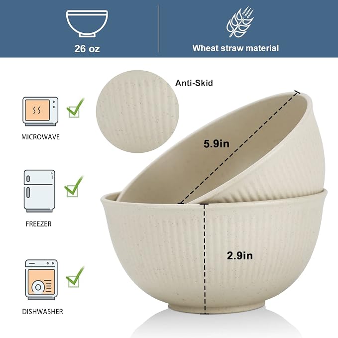 Wheat Straw Cereal Bowls Set, Soup Bowls Microwave Safe for Kid 26 OZ | Unbreakable Bowls for Kitchen, Plastic Bowls Reusable, Dishwasher Safe Bowls for Soup, Salad, Snack, Set of 8, Beige