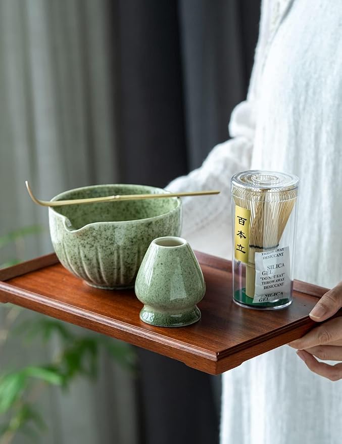 TANG PIN Matcha Set - Match Bowl and Whisk, 15 OZ Matcha Whisk Set | Matcha Scoop | Matcha Whisk Stand (Chasen Holder) - 5pc Perfect Matcha Kit for Matcha Tea Ceremony (Mottled Green)