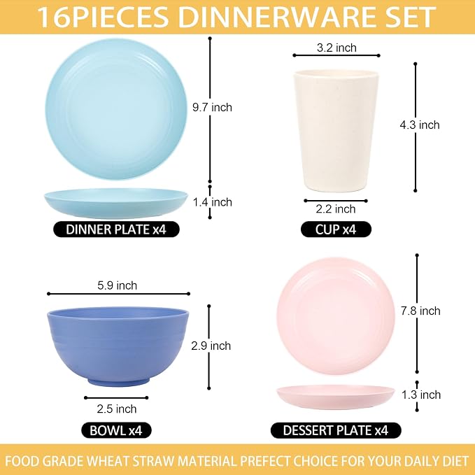Rubtlamp Wheat Straw Plates and Bowls sets, Reusable Plastic Plate Set for 4, Kitchen Wheat Straw Dinnerware Sets (Spring Four Colors) Include Dinner Platos, Dessert Platos, Cereal Bowls, Cups