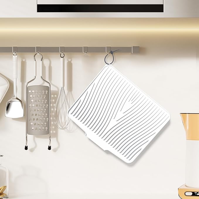 Silicone Dish Drying Mat for Kitchen counter | 15.8"x13" Dish Drainer Mat,Heat-Resistant Kitchen Counter Mat & Over-Sink Drying Tray,Can Be Hung, Ivory