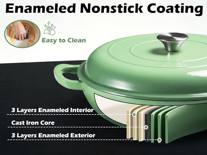 Leonyo 3.6QT Cast Iron Braiser Dutch Oven with Lid, Pistachio Green | Nonstick Enameled Cast Iron Casserole Skillet, Cast Iron Cookware Shallow Dutch Oven with Lid for All Cooktop, Oven Safe