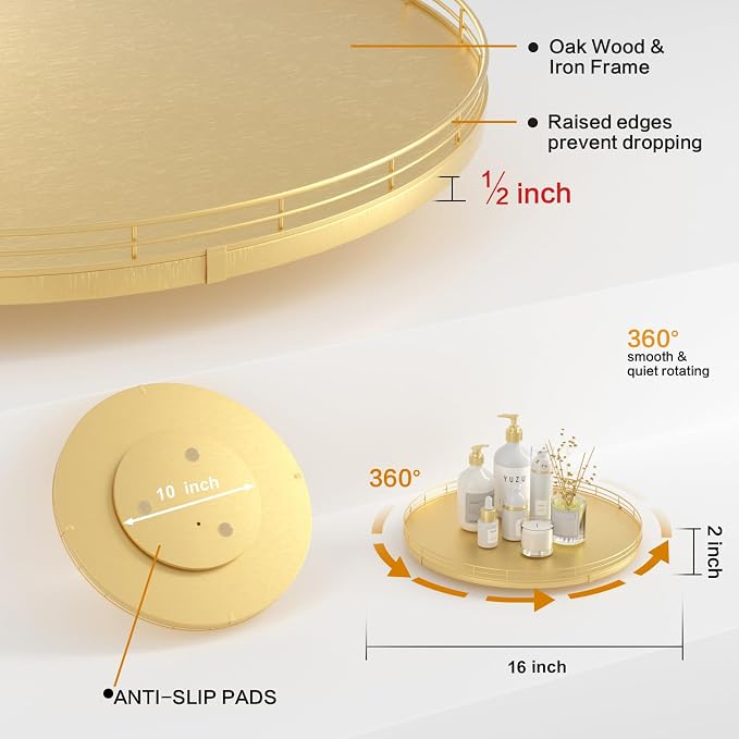 Oroyutor 16-Inch Oak Lazy Susan Organizer with Gold Metal Rail | Oak wood base, gold metal rail and smooth 360-degree rotation for dining tables, kitchen counters and spice storage.