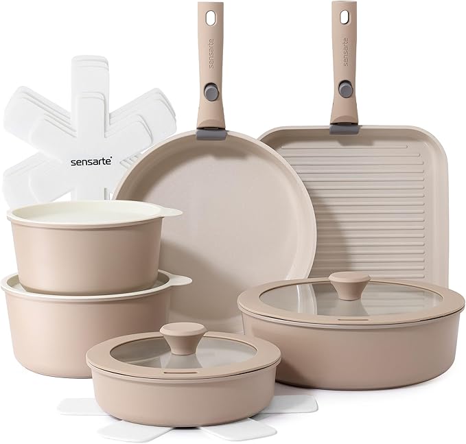 SENSARTE 17 Piece Ceramic Detachable Handle Pots and Pans Set Almond Beige | Ceramic Cookware Set, Induction Cookware Set with Removable Handle, Healthy Non Stick for RV, Dishwasher ＆ Oven Safe