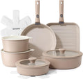 SENSARTE 17 Piece Ceramic Detachable Handle Pots and Pans Set Almond Beige | Ceramic Cookware Set, Induction Cookware Set with Removable Handle, Healthy Non Stick for RV, Dishwasher ＆ Oven Safe
