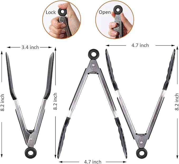 7 inch Mini Silicone Serving Tongs with Silicone Tips Set of 3 | Stainless Steel Handle, Non-Scratch, Heat Resistant, for Salads, Pasta, Steaks, Vegetables