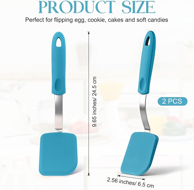 Silicone Cookie Spatula Turner 2 Pack Mini Brownie Spatula Flexible Kitchen Small Silicone Turner for Nonstick Cookware Heat Resistant No Scratch Flipper for Egg(Solid Flat,Light Blue)
