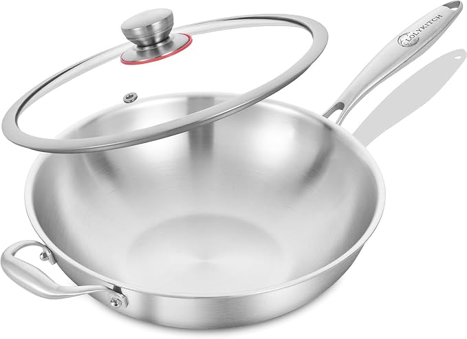 LOLYKITCH 12-Inch Stainless Steel Wok with Glass Lid | Detachable Handle | Uncoated Tri-Ply Stir Fry Pan | Everyday Cooking Wok for Induction & Glass| Flat Bottom | SGS Certified Cookware | PFOA-FREE