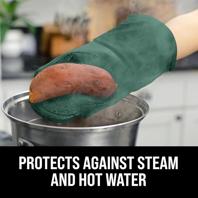 BPA-Free Silicone Oven Mitts Ultra Heat Resistant up to 500°F - Oven Mitts with Thick Cotton Liner - Long Slip Resistant Pot Holders, Flexible Oven Gloves - Green 13.7"