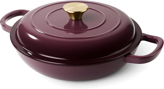 Vintage Style 3 Quart Enameled Cast Iron Braiser, Non Stick Enameled Cast Iron Skillet with Lid, Dutch Oven Skillet with lid up to 500°F for Oven, Stove, Grill, Shallow Dutch Oven for Cook, Bake (Fig)