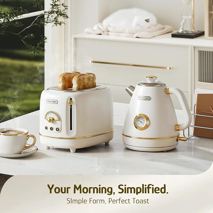 Hazel Quinn 2-Slice Retro Toaster 6 Browning Levels 3 Functions Pearl White | Defrost/Reheat/Cancel, Removable Crumb Tray for Easy to Clean, 1.5 Inches Extra Wide Slots, for Toast, Bagels Daily Breakfast