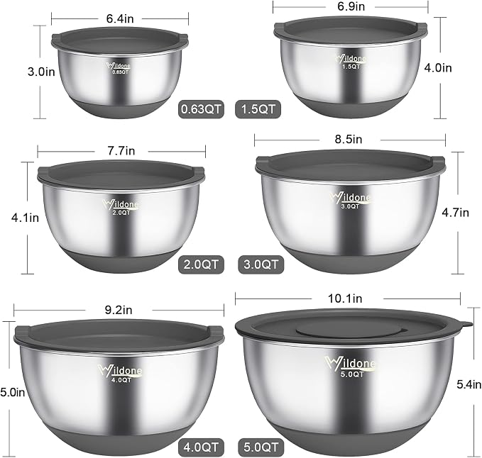 Wildone Mixing Bowls with Airtight Lids, Stainless Steel Mixing Bowls Set | Metal Bowls with 3 Grater Attachments & Non-Slip Bottoms, Size 5, 4, 3, 2,1.5, 0.63QT, Includes Utensil Set for Prep, Gray