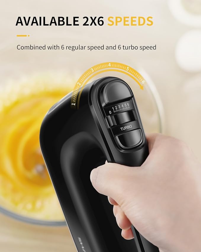 SHARDOR Hand Mixer Electric, 6 Speed & Turbo Mixer Electric Handheld, Snap-On Storage Case,5 Stainless Steel Accessories for Whipping, Mixing Cookies, Brownie, Cakes, Dough Batters (Black)