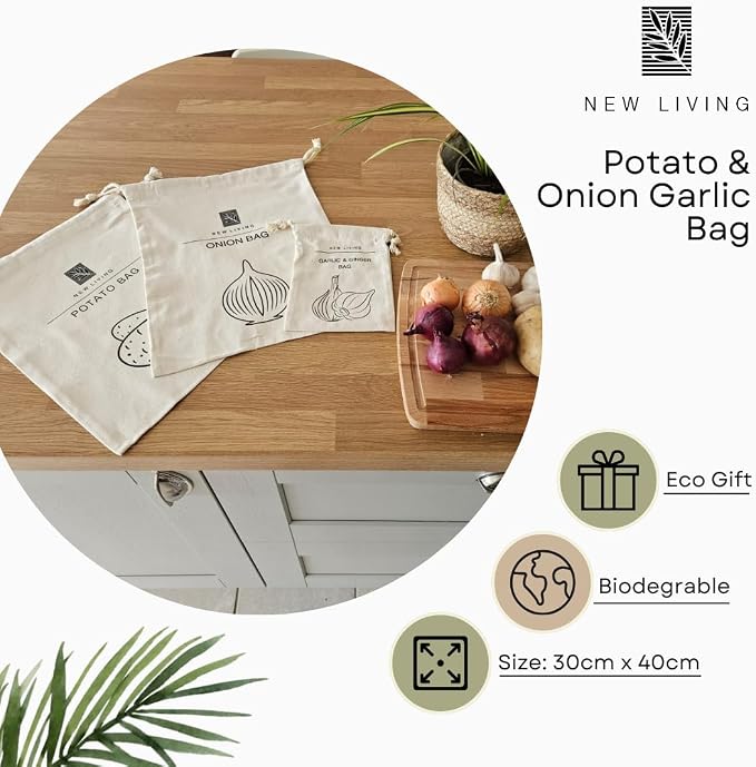 Potato, Garlic & Onion 3 Pack Bundle | Linen Cotton Blend Material | Reusable Food Storage Bags | 30 * 40 cm