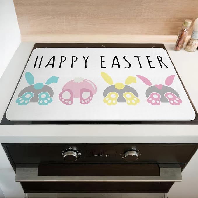 Happy Easter Glass Stove Top Covers for Electric Stove,Bunnies Colorful Rabbits Cute Heat Resistant Cooktop Protector Non-Slip Washable Dish Drying Mat Rug Pad for Kitchen Decor 28"x20"