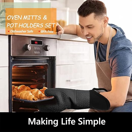 6pcs Silicone Oven Mitts and Pot Holders Sets for Kitchen, Gray | 500°F heat resistant, cotton lining, honeycomb non-slip texture, 15-inch forearm protection, baking cooking gloves