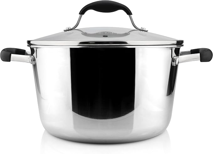 AVACRAFT 5 Quart Tri-Ply 18/10 Stainless Steel Dutch Oven | Full Tri-Ply Body, Tempered Glass Lid, Induction Compatible, Oven Safe, Dishwasher Safe, Even Heat Distribution