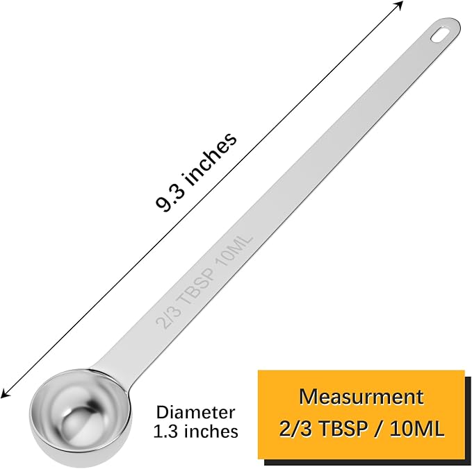 2PCS 2/3TBSP(10ml) Extra Long Handle Measuring Spoon, 18/8 Stainless Steel | Food-Grade SS 304, Accurate, BPA-Free, Dishwasher Safe, Engraved Marking, Kitchen Essential
