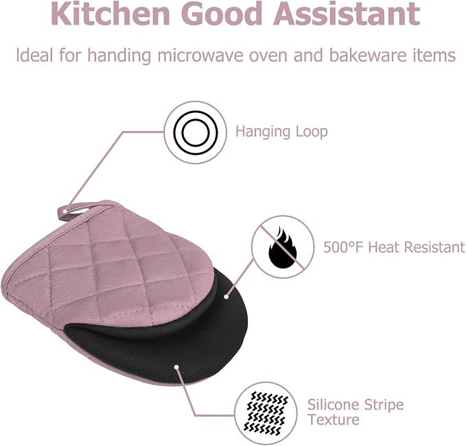 Goldmeet Mini Oven Mitts 2-Pack, 7"x5.5", 500°F Silicone Grip, Light Pink | Non-Slip, Heat Resistant, Machine Washable, Hanging Loop, Fits Small Hands, for Baking Grilling BBQ Cooking