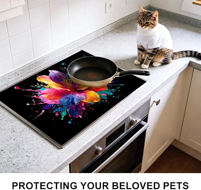 Colorful Hibiscus Watercolor Splash Stove Top Cover 28.35x20.47in | Colorful hibiscus watercolor splash stove top cover 28.35x20.47 in; floral art cooktop mat dishwasher safe machine washable