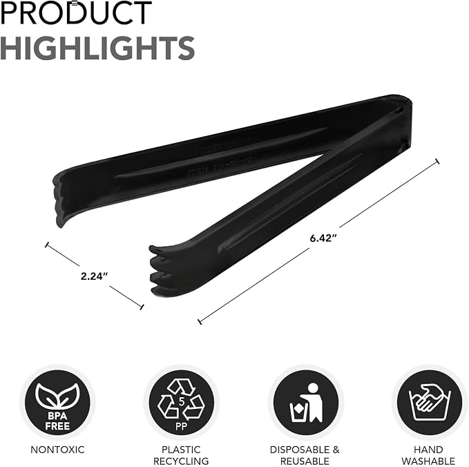Party Essentials Hard Plastic 6-1/2" Serving Tongs, Black, 4 Count
