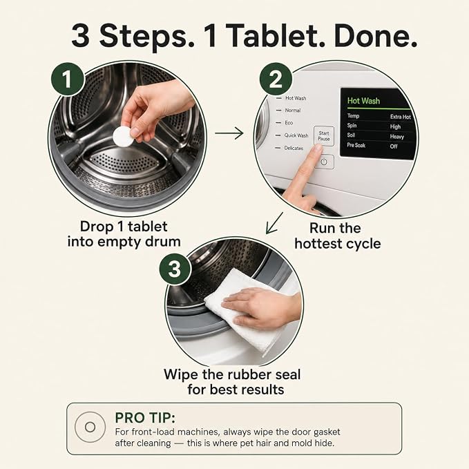 Washing Machine Cleaner Tablets for Pet Owners - 30 Count Enzyme Pet Hair Buildup Cleaner - Odor and Residue Remover Front Top Load HE Washer Tub - Fragrance-free
