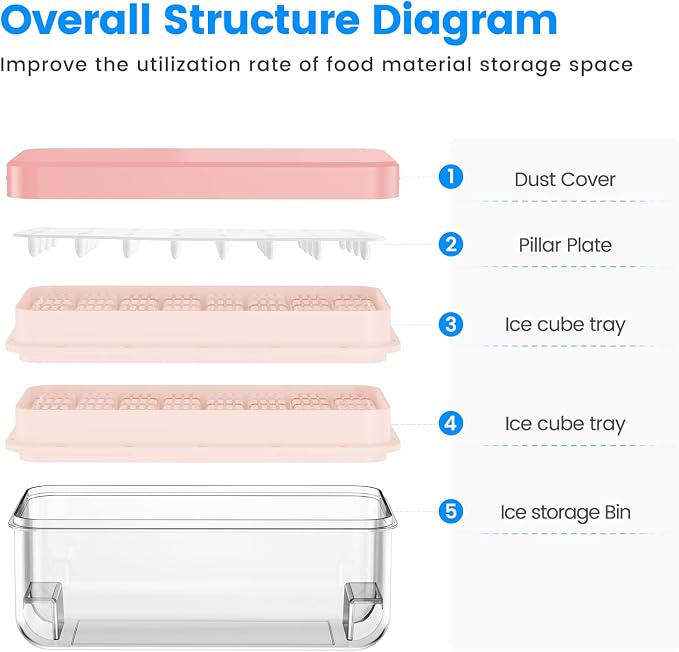 1" Ice Cube Tray with Lid and Bin, Easy Release 64 Cubes for Freezer | Food-grade BPA-free PP and ABS. 1" x 64pcs ice cubes for fruit whiskey, cocktails. Space-saving, stackable with scoop