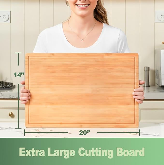 Allsum 20x14" Extra Large Bamboo Cutting Boards for Kitchen, XL Wood Charcuterie Boards Cheese Serving Tray with Side Handles and Juice Grooves, Solid Durable Reversible