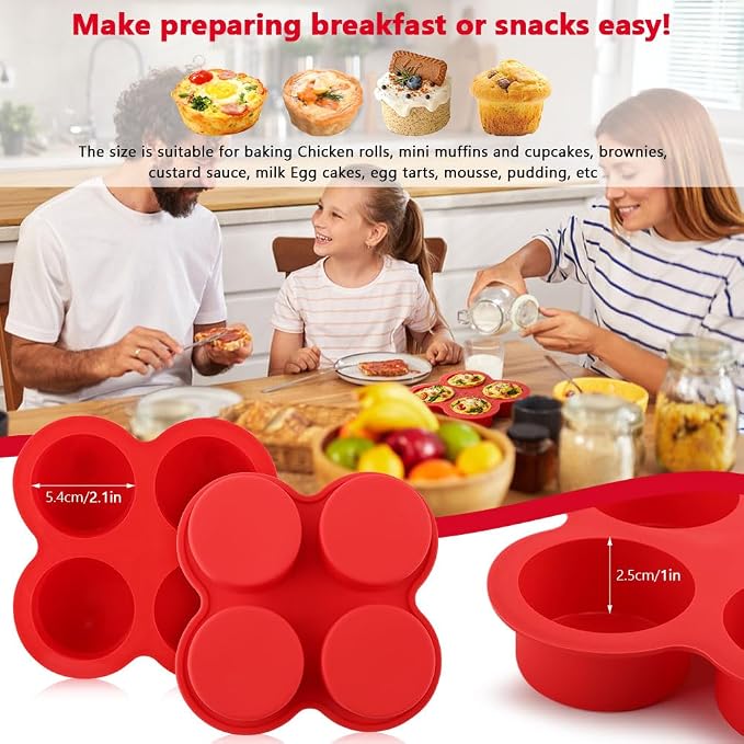 2 Pack Silicone Egg Bite Molds with 1 Spatula & 1 Brush, 4 Cups Silicone Air Fryer Baking Pan Non-Stick for Egg Bites, Cupcake, Tart, Frittata, Quiche, Muffins, Cornbread