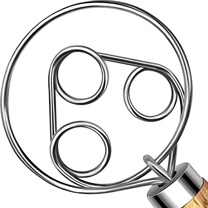 TEEVEA Danish Dough Whisk Wooden Handle Stainless Steel for Sourdough Bread | Dutch Dough Hook, Replaces Hand Mixer and Spoon, Bread Baking Tool, Food Grade Rust Resistant Steel, Non-Stick, Easy to Clean