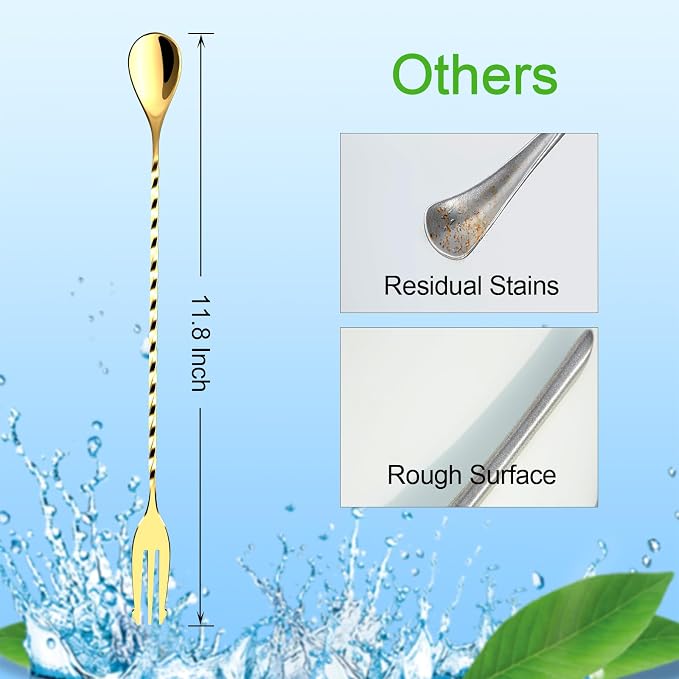 Bar Spoon Cocktail Mixing Stirrers, 2Pcs,12” with Trident Fork, Gold | 18/8 Stainless Steel, Double Ended Design, Long Drink Spoons, Trident Fork, for Stirring Coffee & Cocktails