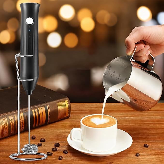Powerful Milk Frother - Electric Handheld Milk Foam Maker with Stand, Milk Jug and 2 Stainless Steel Whisks, Rechargeable 3 Speeds for Coffee Lattes Cappuccino Matcha