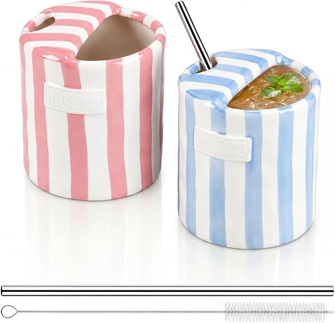 2 Pack Ceramic Mug with Sip Hole, Simple, Light Blue, Pink | 10oz Ceramic Coffee Cup with Straws, Retro Hand Painted Striped, for Iced Coffee Tea Latte Espresso, Kitchen Dining Travel