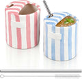 2 Pack Ceramic Mug with Sip Hole, Simple, Light Blue, Pink | 10oz Ceramic Coffee Cup with Straws, Retro Hand Painted Striped, for Iced Coffee Tea Latte Espresso, Kitchen Dining Travel