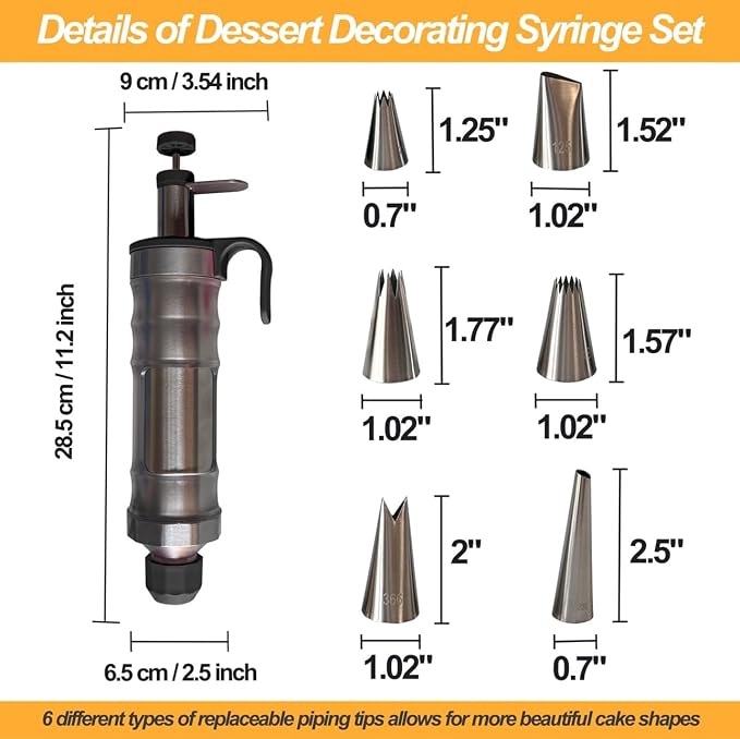 Dessert Decorating Piping Syringe Set Cake Decorating Tool | Cookie Gun Press, 6 Piping Icing Nozzles, For Baking, Cupcake, Deviled Eggs, Icing Decoration Gun, Frosting Piping Kit