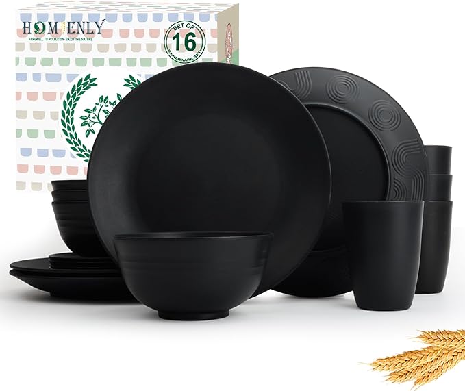 16-Piece Wheat Straw Dinnerware Sets, Reusable Unbreakable Plates and Bowls Sets,Cups,Service for 4, Premium Dishwasher and Microwave Safe Dish Sets for Kitchen,Outdoor - Black