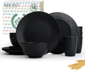 16-Piece Wheat Straw Dinnerware Sets, Reusable Unbreakable Plates and Bowls Sets,Cups,Service for 4, Premium Dishwasher and Microwave Safe Dish Sets for Kitchen,Outdoor - Black