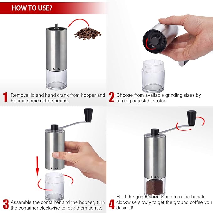 Coffee Grinder Stainless Steel Construction with Ceramic Conical Burr | Manual Grinding Mill Hand Crank for Drip, Pour Over, Espresso, French Press, Turkish Coffee Brewing