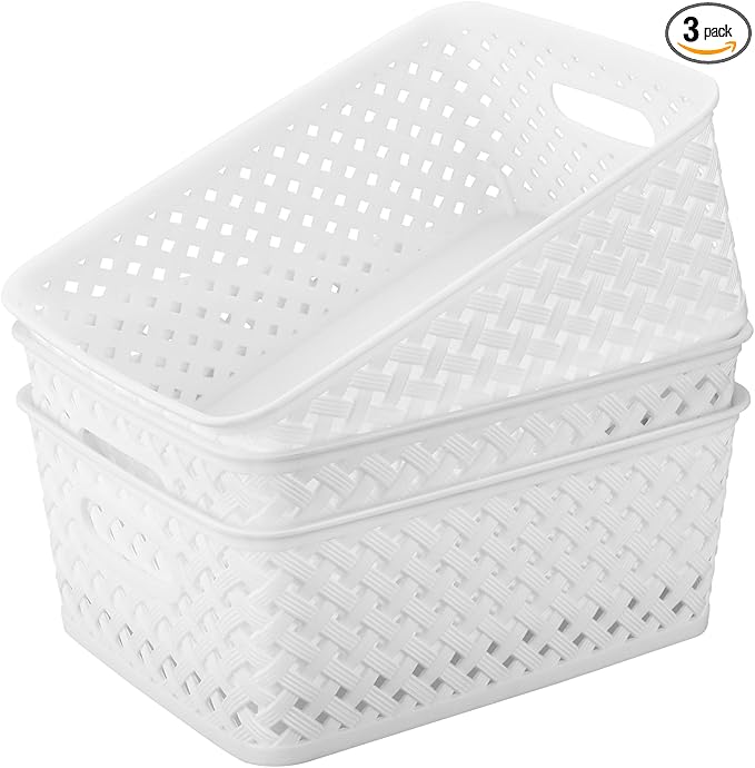 MaxGear 3 Pack Plastic Storage Baskets, Medium, White | Durable Woven Plastic with Built-In Handles, Suitable for Shelves, Closets, Cabinets, Bathrooms and Offices
