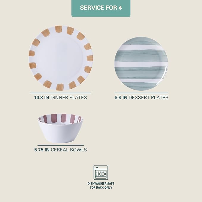 Gibson Home Cottage Stripes 12-Piece Melamine Plates and Bowls Dinnerware Set - Outdoor, Camping, & Everyday Use - Assorted Colors